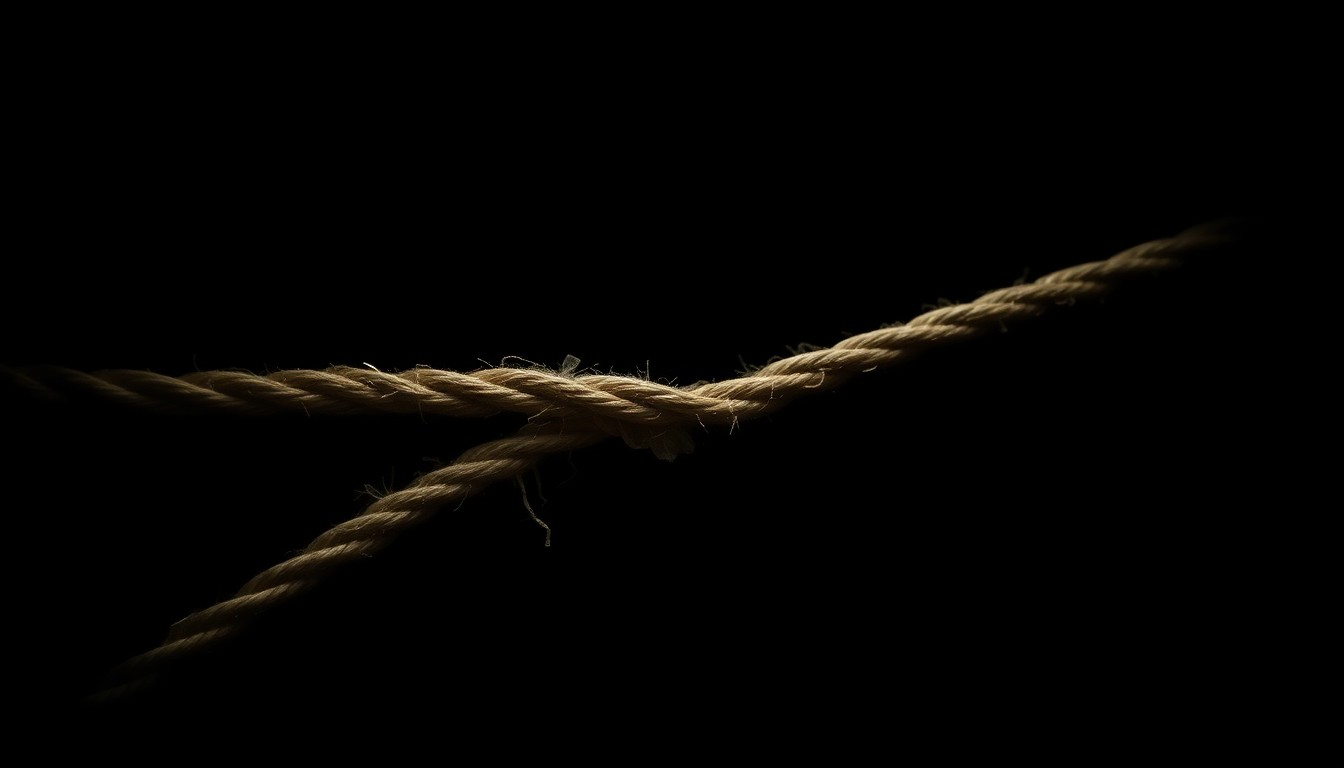 An extreme close-up photograph of a single piece of rope or tape against a pitch-black background, lit by a harsh, direct camera flash, conveying the investigative nature of this crime story without depicting any violence, victims, or literal crime scene elements.