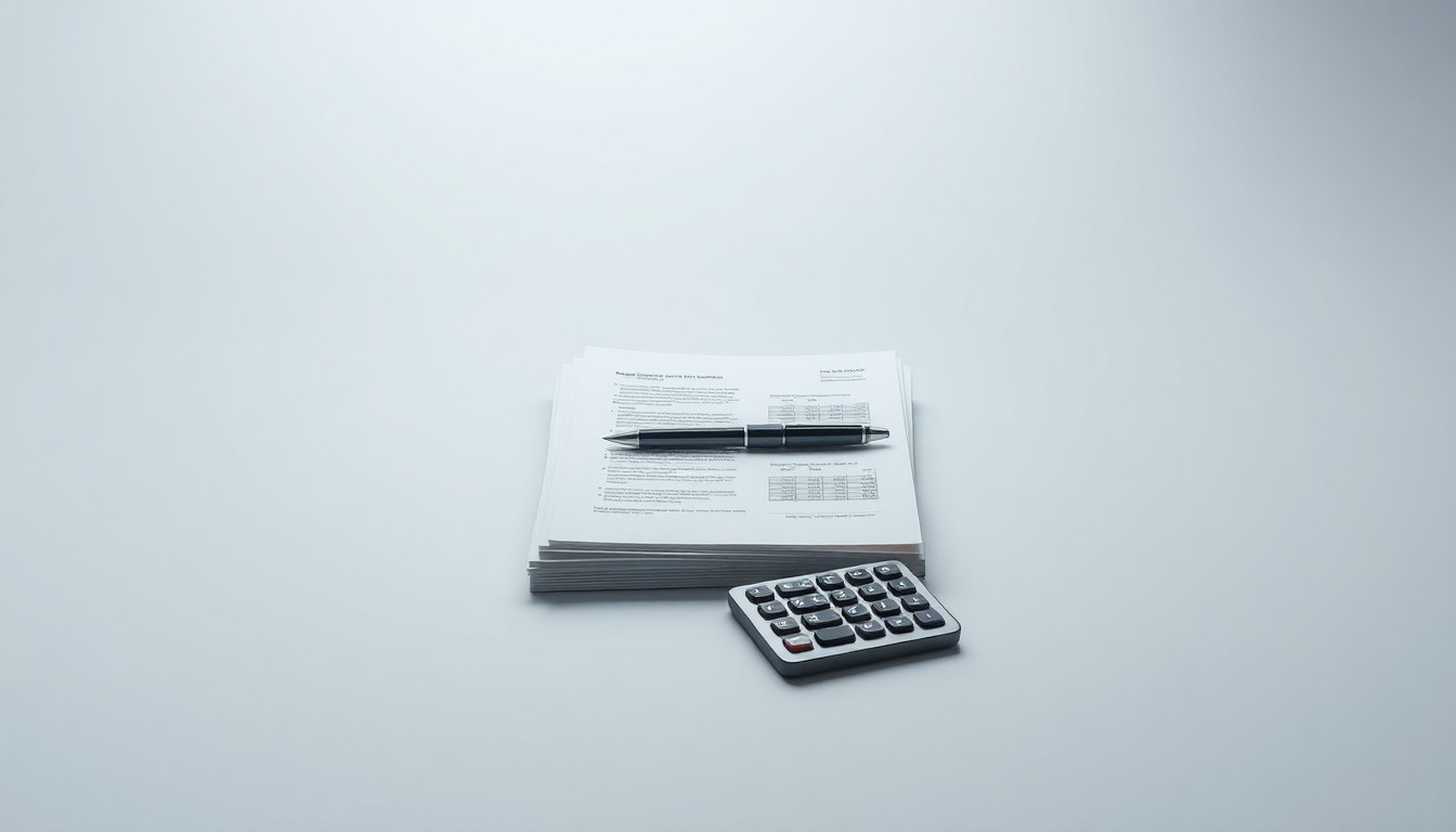 A minimalist studio still life featuring a stack of financial documents, a pen, and a calculator arranged on a clean, monochromatic background, conceptually representing the abstract concepts of corporate strategy, finance, and market regulation.