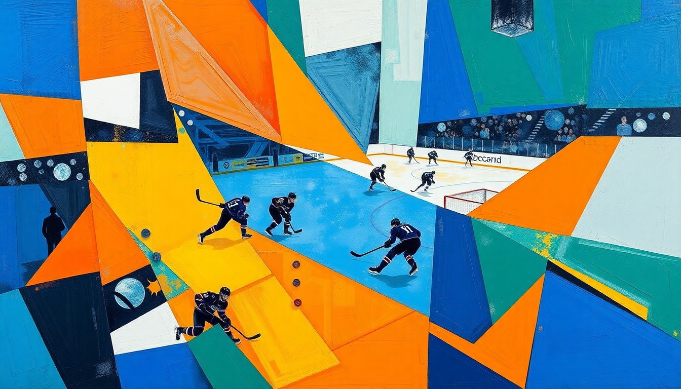 A cubist, geometric painting depicting a hockey game, with sharp, overlapping planes of color representing the players and action on the ice. The fragmented, multi-perspective style captures the intensity and energy of the sport.