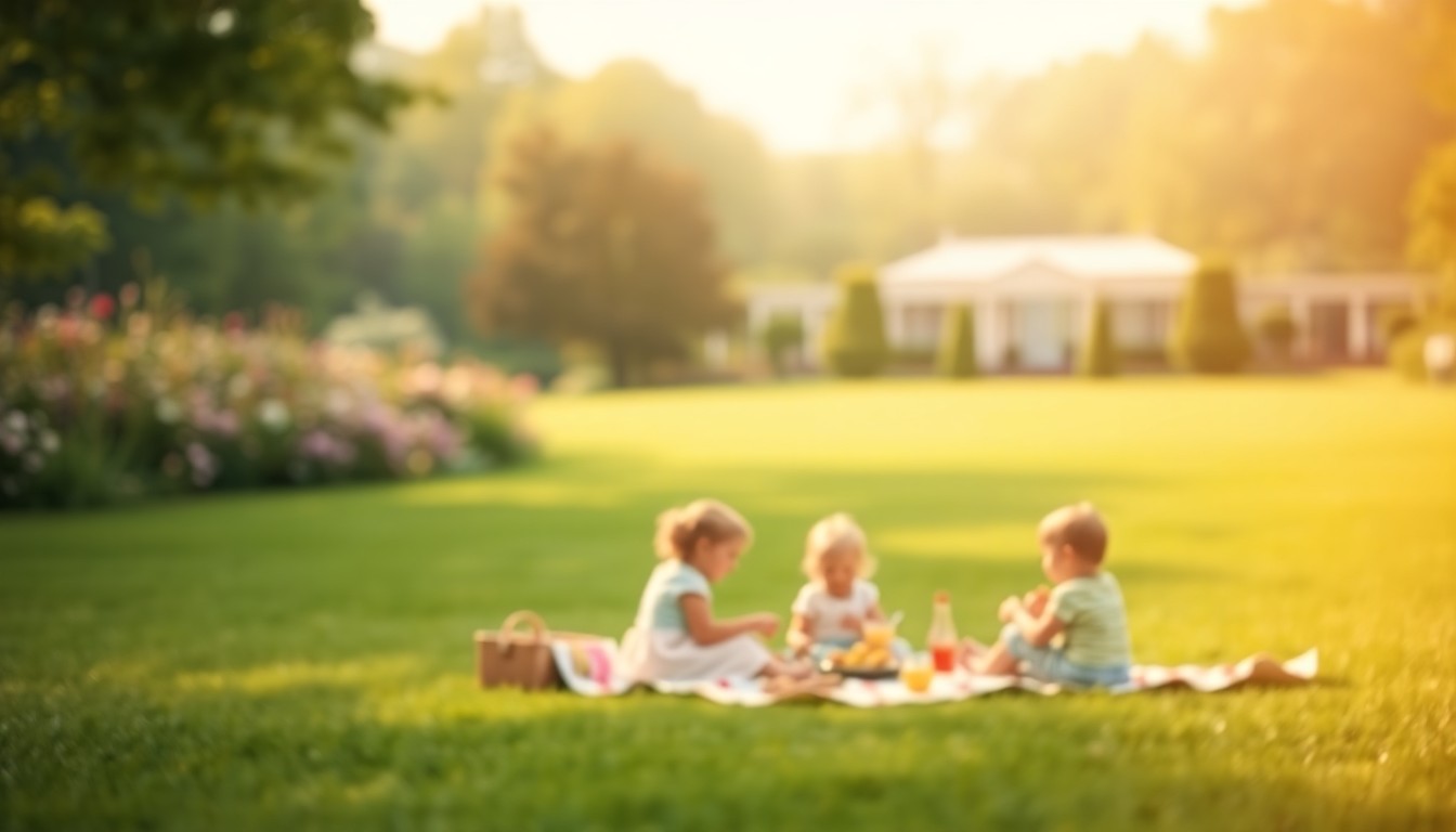 A blurred, dreamlike photograph showing a family sitting on a blanket and enjoying a picnic on the lawn of Old Westbury Gardens, with soft, out-of-focus greenery and flowers surrounding them, conveying a sense of tranquility and natural beauty.