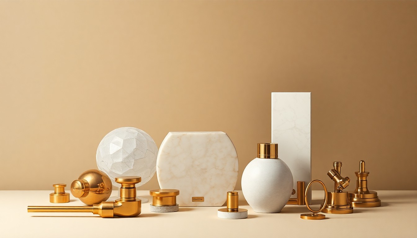 A high-end, photorealistic studio still-life photograph featuring a collection of premium lighting fixtures and hardware components arranged elegantly on a clean, monochromatic seamless background, conceptually representing the abstract ideas of design resilience, value engineering, and the art of showroom storytelling.