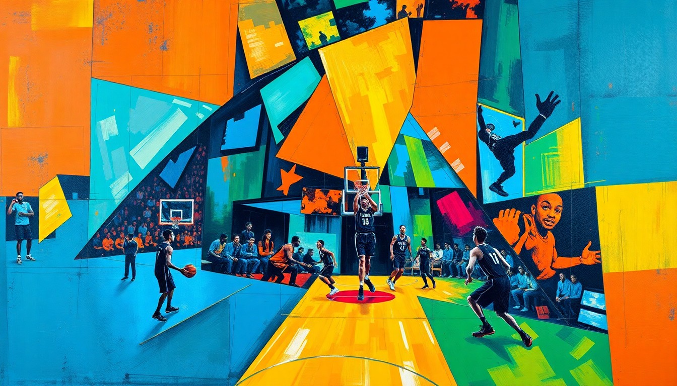 A fractured, multi-perspective painting in a cubist style, breaking down a high-energy basketball game into sharp, overlapping geometric planes in vibrant colors like electric blue, fiery orange, and neon green, conceptually representing the dynamic action and talent on display at the 2026 Nike Hoop Summit.