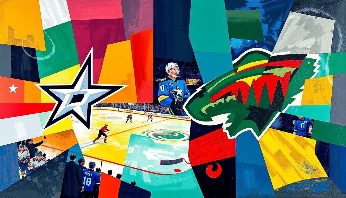 A cubist, geometric painting depicting a hockey game with fragmented, overlapping planes of color representing the players and action on the ice.