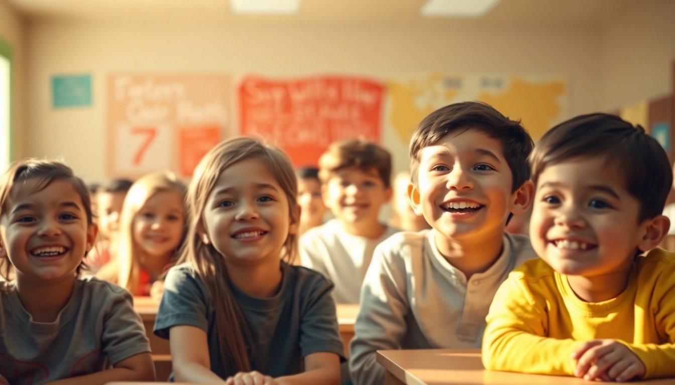 An abstract, out-of-focus photograph showing the blurred silhouettes of several smiling elementary school students in a warm, sunlit classroom setting, conveying a sense of celebration and accomplishment.