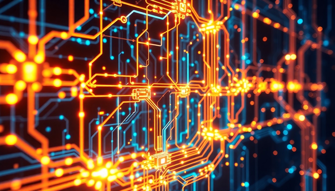 A highly detailed, glowing 3D illustration of a complex network of illuminated circuits, wires, and data nodes, conceptually representing the advanced digital infrastructure powering the rapid progress of artificial intelligence.