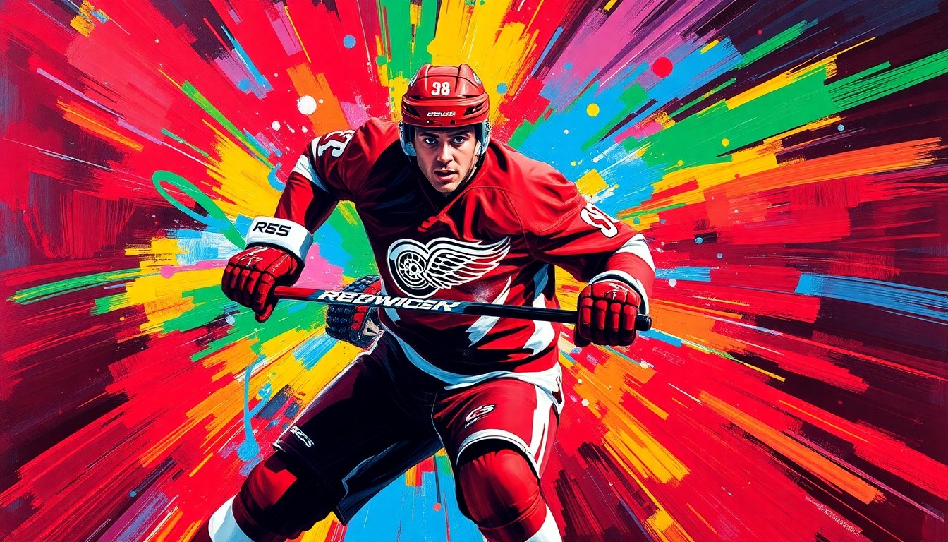 An abstract, expressionist painting featuring vibrant neon brushstrokes and shapes that capture the intense energy and defensive intensity of a hockey player in motion, representing the play of Detroit Red Wings defenseman Moritz Seider.
