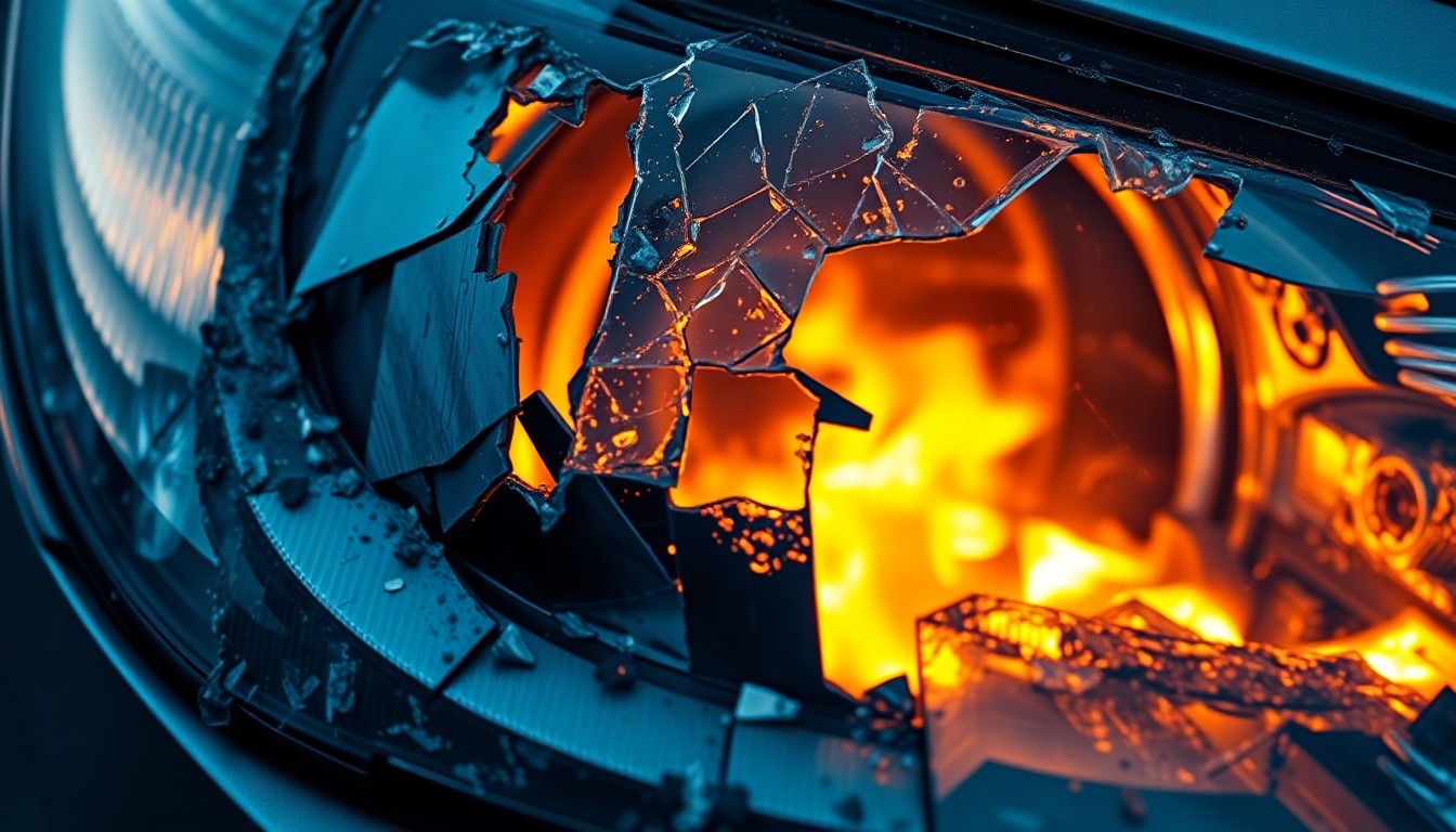 An extreme close-up photograph of a shattered, charred car headlight lens reflecting an orange glow, conceptually representing the aftermath of a violent collision that impacted a community.