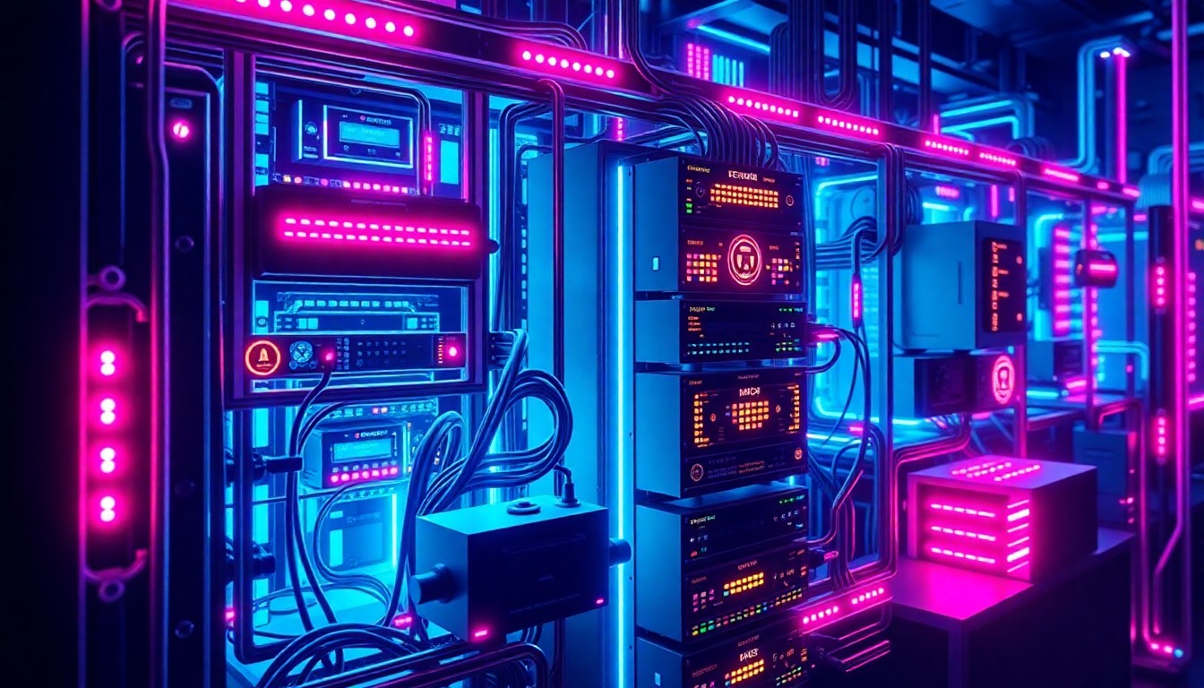 A highly detailed, glowing 3D illustration of an intricate cybersecurity infrastructure system, with neon cyan and magenta lights illuminating the various interconnected hardware components, conceptually representing the technological sophistication required to manage modern enterprise-level cyber risk.