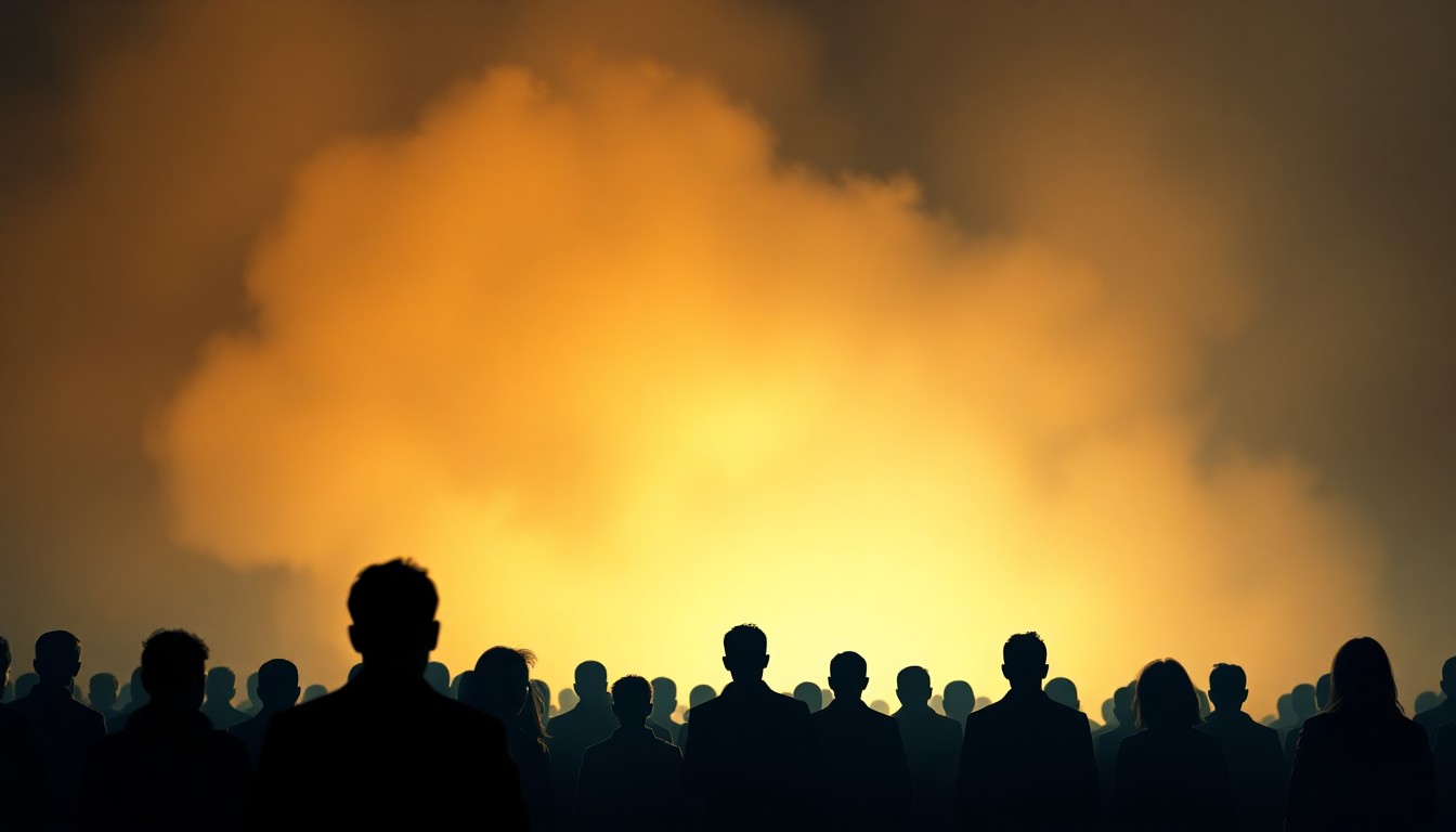 An abstract, impressionistic scene of blurred human figures against a warm, softly lit background, conveying the emotional weight and resilience of Holocaust stories through an artistic, non-literal visual metaphor.