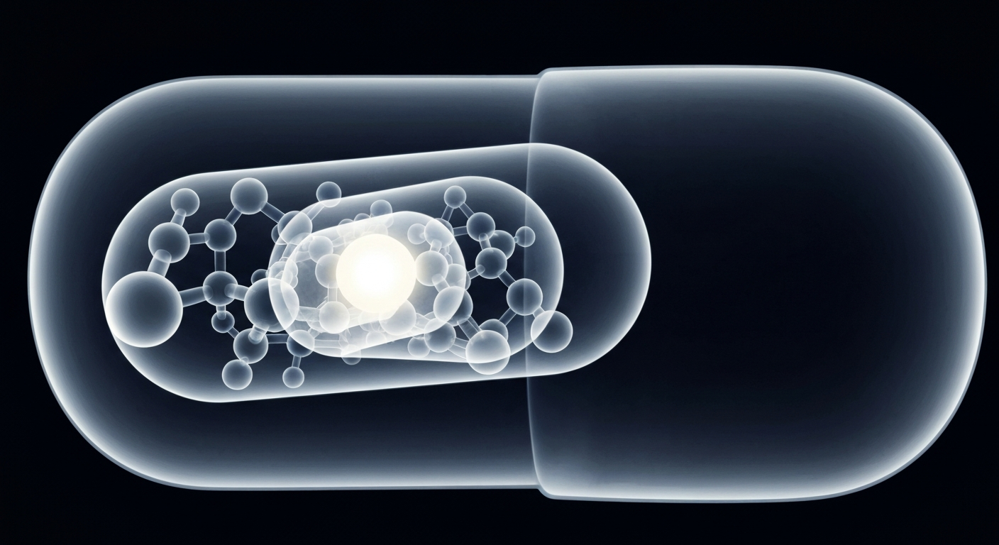 An extreme close-up X-ray photograph showing the intricate internal structure of a pharmaceutical capsule, with the contents glowing against a dark background, conceptually representing the innovative nature of Lynk Pharmaceuticals' new drug candidate.