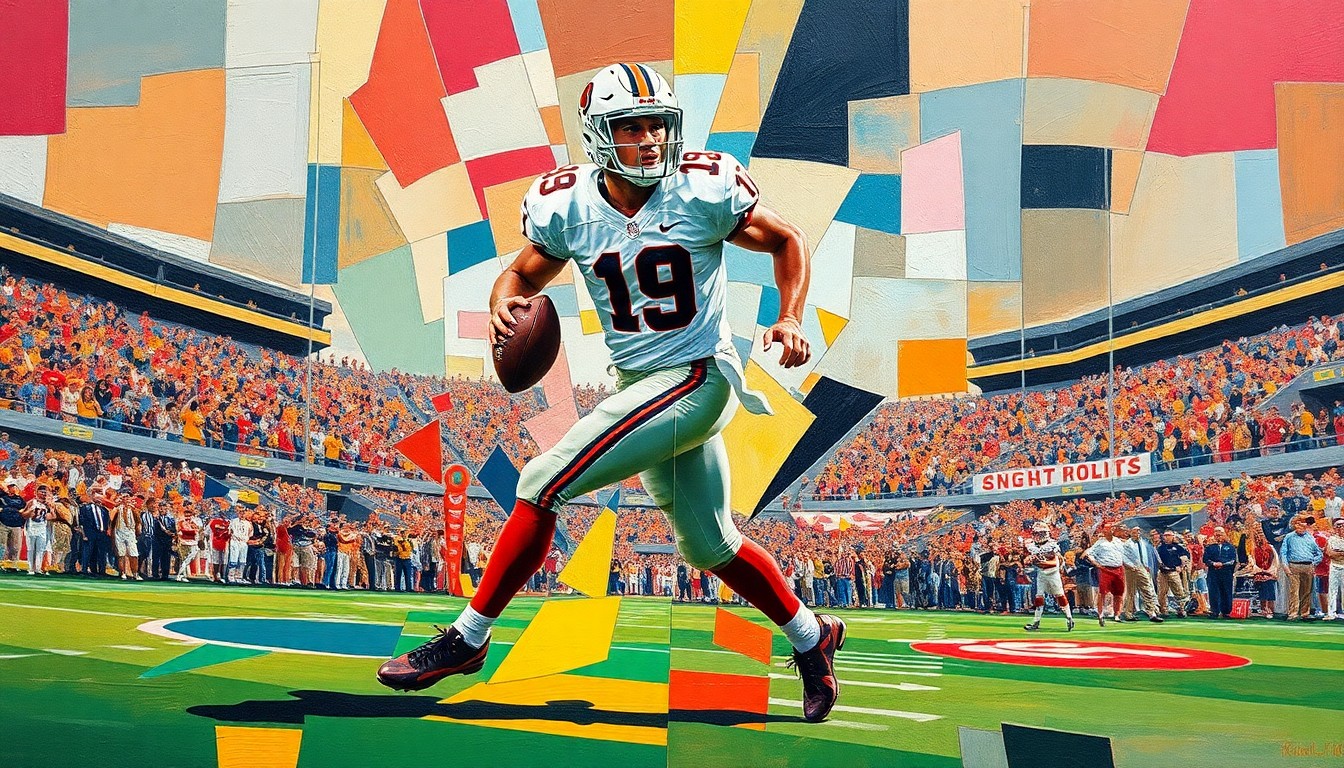 A cubist, geometric painting depicting a college football player in mid-stride, with the player's uniform, the field, and the stadium crowd in the background broken down into sharp, overlapping planes of vibrant colors.