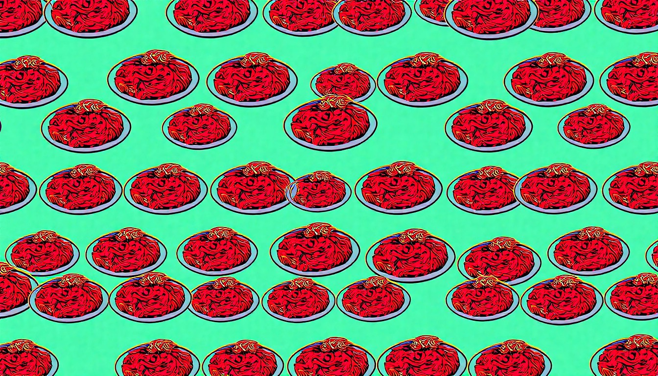 A visually striking, silkscreen-style illustration featuring a repeated, iconic Italian pasta dish in a grid of bold, neon-like colors and heavy black outlines, capturing the modern and vibrant spirit of the new Alondo Pizzetta & Pasta restaurant.