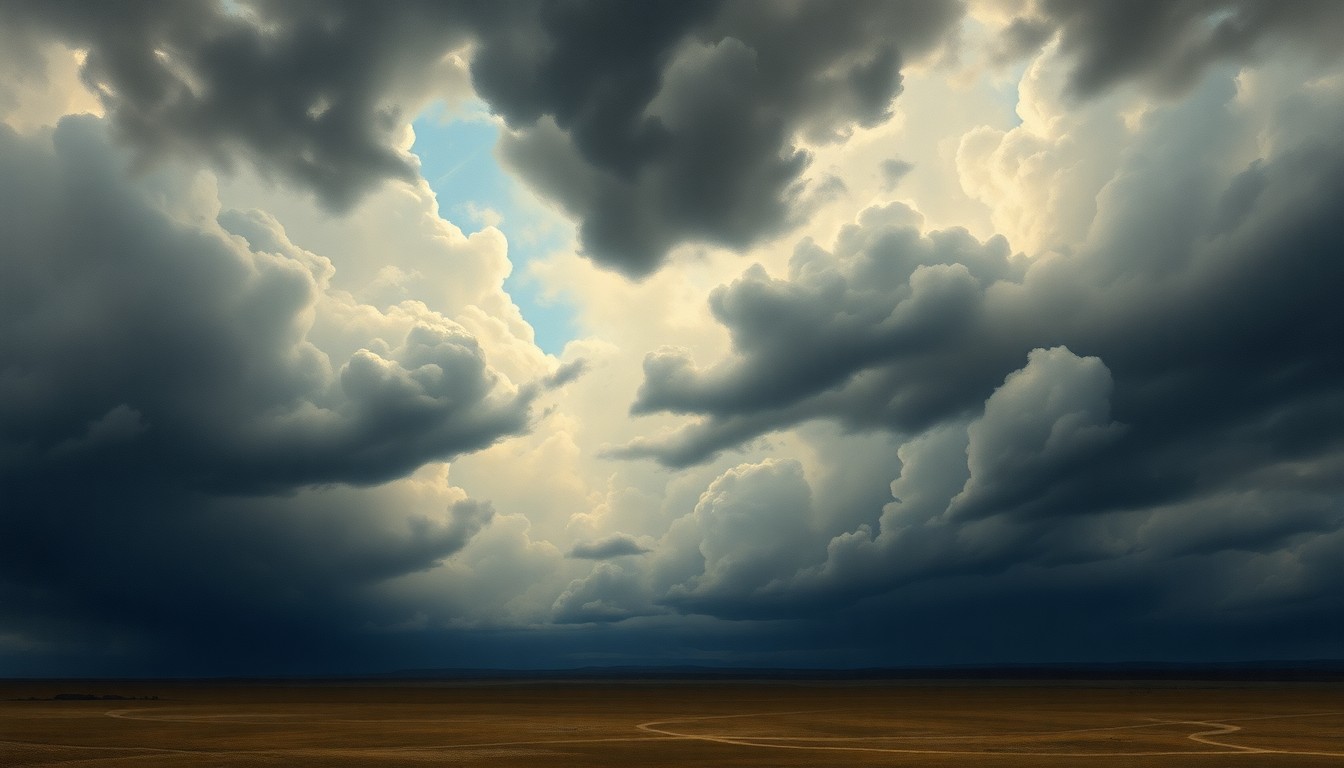 A dramatic, atmospheric landscape painting in muted tones of gray, blue, and green, depicting a vast, open expanse of flat land under a turbulent, stormy sky filled with dark, ominous clouds. The small, indistinct forms of buildings or structures can be seen in the distance, dwarfed by the overwhelming scale and power of the natural environment.