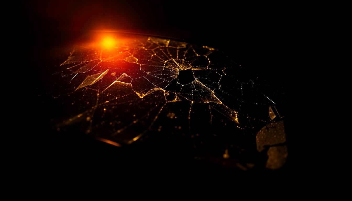 An extreme close-up photograph of a cracked and damaged car windshield, conceptually illustrating the aftermath of a serious motor vehicle accident.