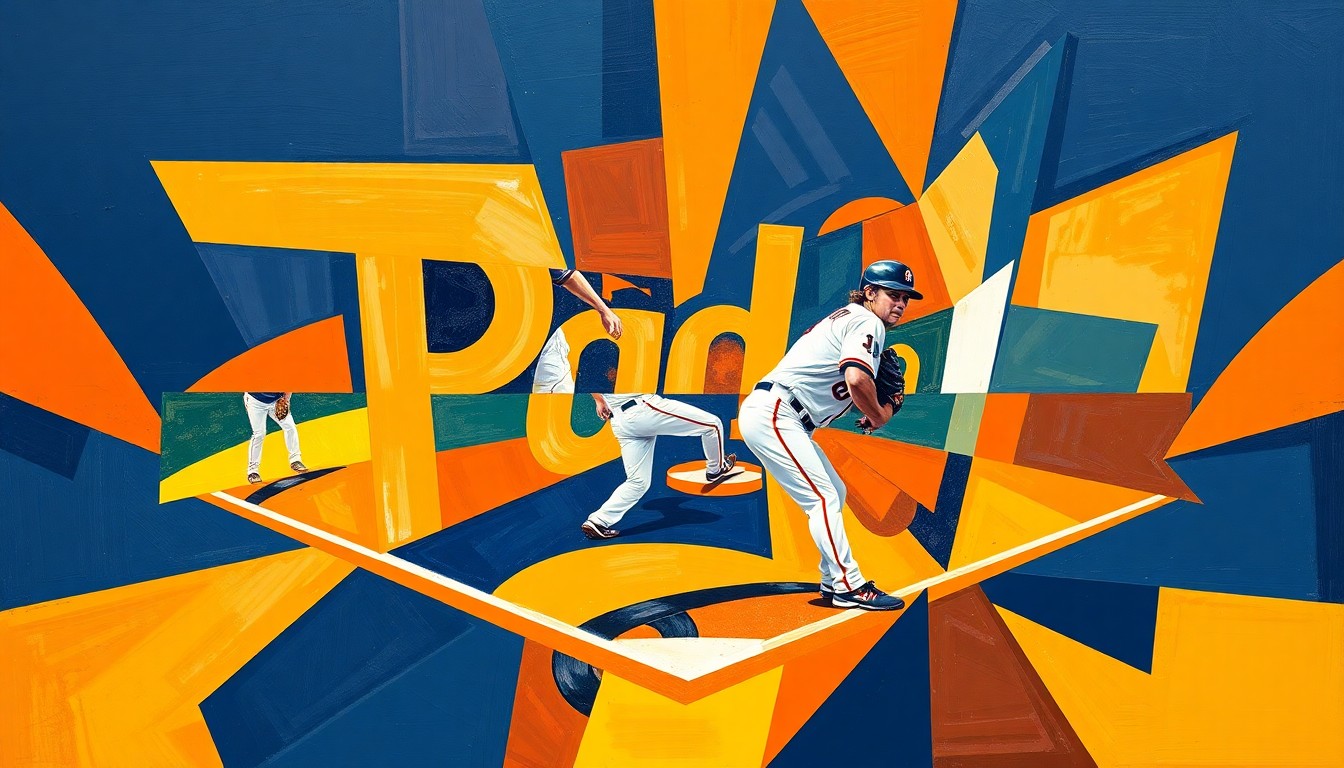 A cubist, geometric painting depicting a baseball pitcher in motion, with sharp planes of navy blue, sand, and orange representing the Padres' team colors and the fractured, multi-perspective nature of the sport.