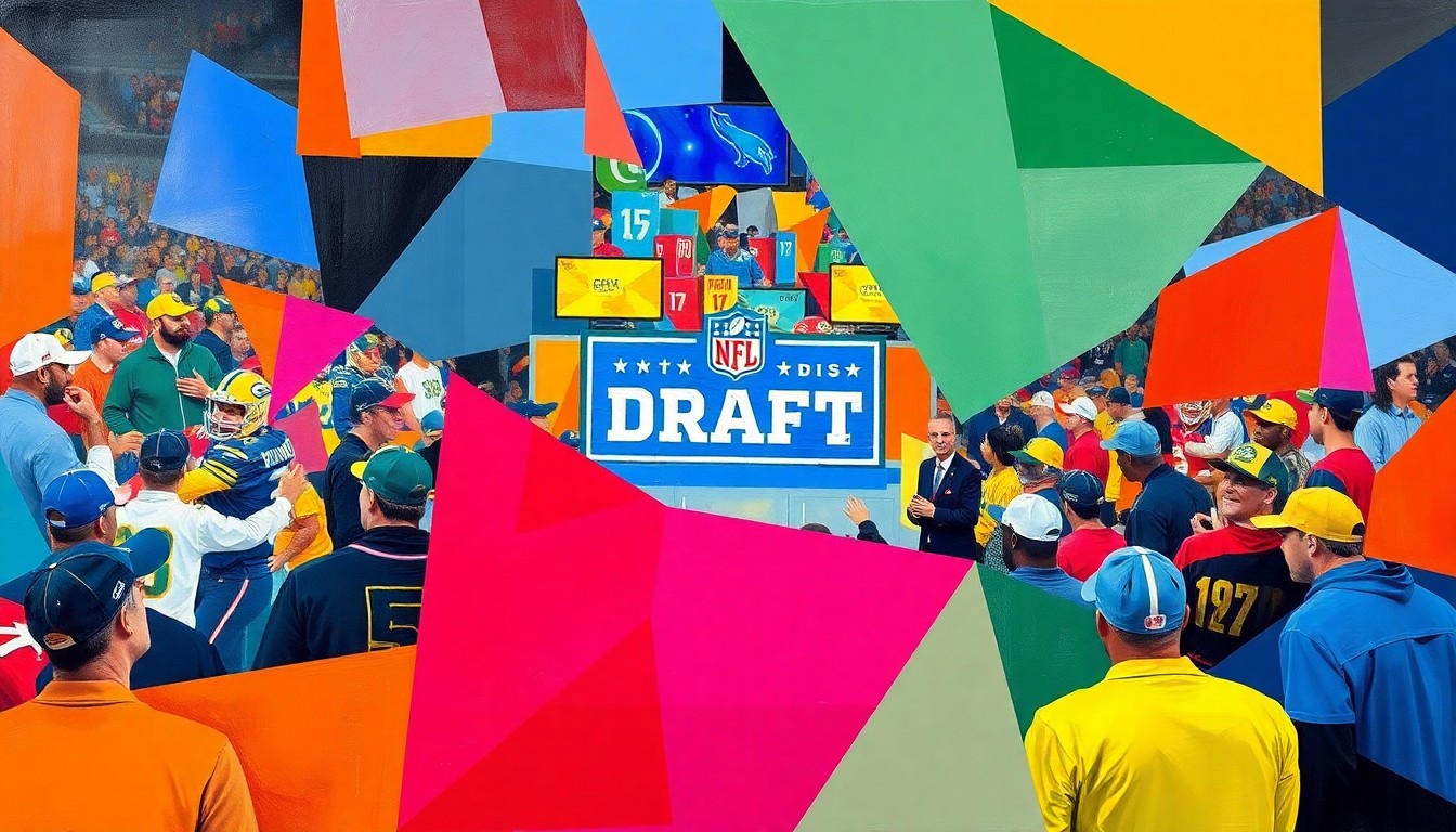A fragmented, geometric painting in bold primary colors, capturing the dynamic atmosphere of an NFL Draft event through Picasso-esque abstraction.