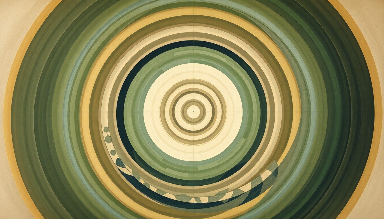 A highly structured abstract painting in soft, earthy tones of green, brown, and blue, featuring sweeping geometric arcs, concentric planetary circles, and precise botanical spirals, conceptually representing the complex scientific forces and concepts involved in using AI for cancer research.