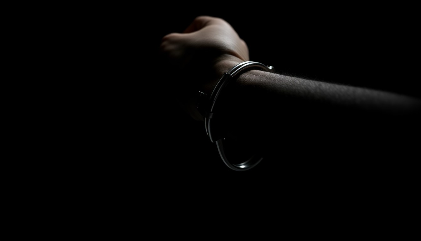 An extreme close-up photograph of a handcuffed wrist against a pitch-black background, lit by a harsh, direct camera flash, conceptually representing the tense and high-stakes nature of a criminal court proceeding.