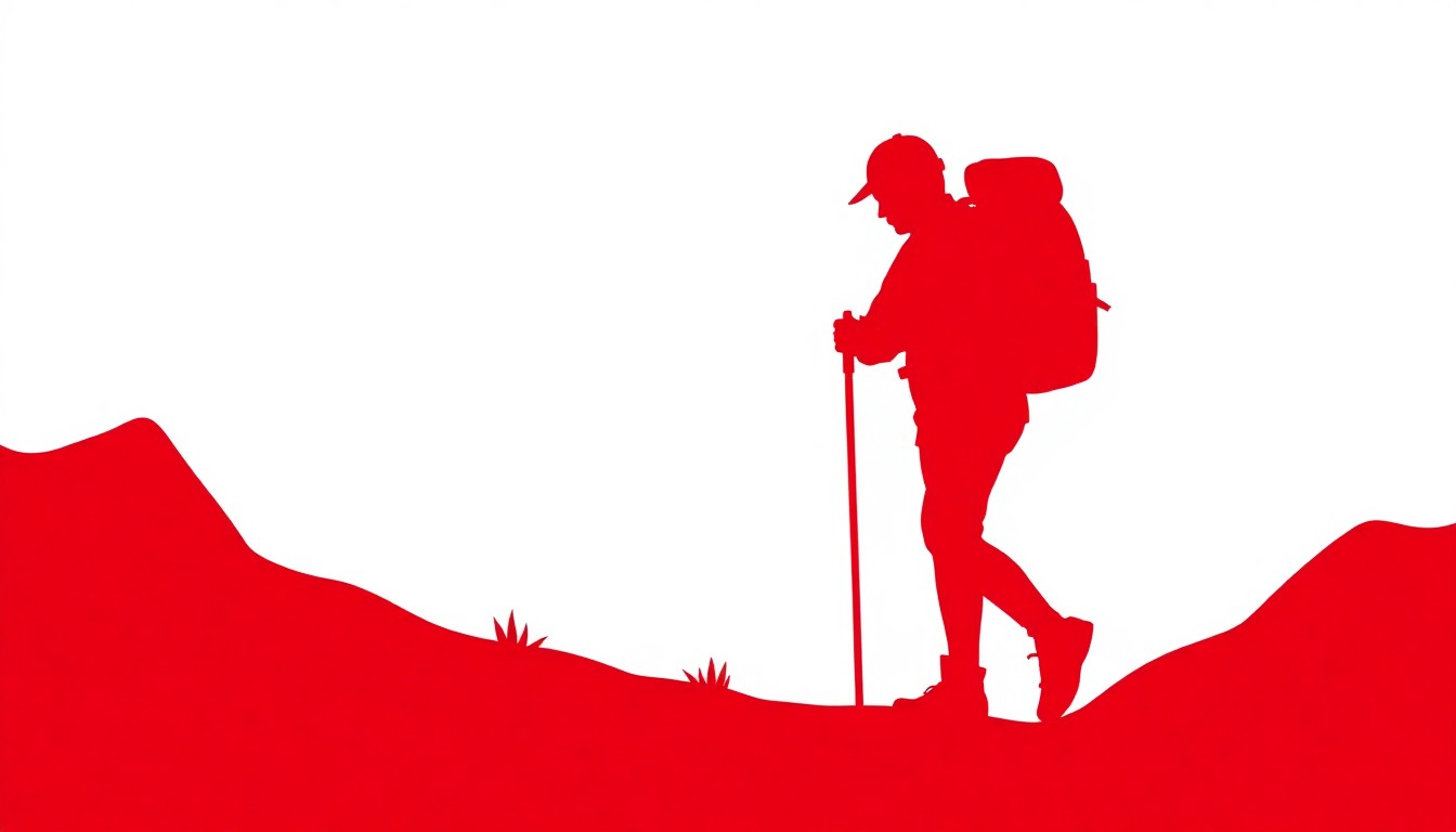 A minimalist, graphic illustration depicting a solitary hiker silhouetted against a bold red and white background, conveying the sense of adventure and natural beauty that draws celebrities to Idaho.