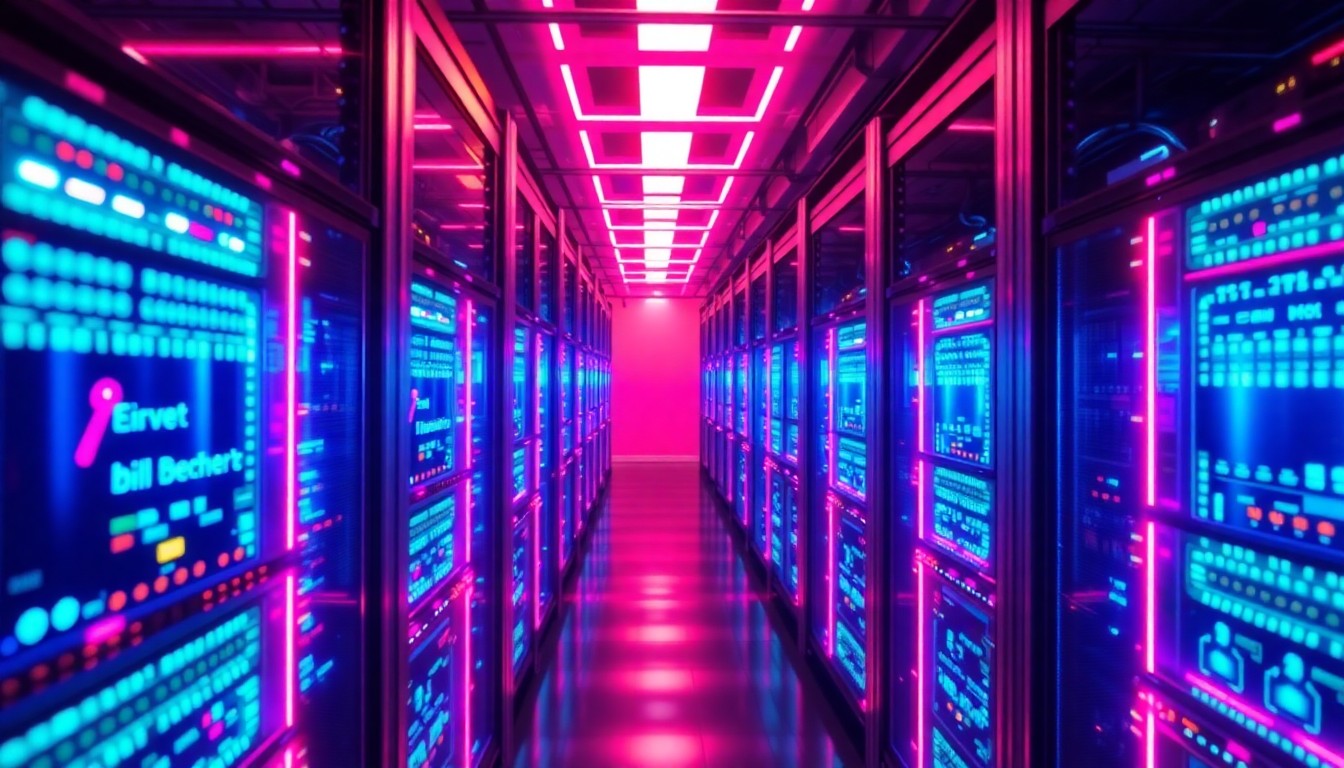 A highly detailed, glowing 3D illustration of a futuristic AI server rack, with neon cyan and magenta lights illuminating the complex digital infrastructure, conveying the power and scale of cloud-based AI computing.