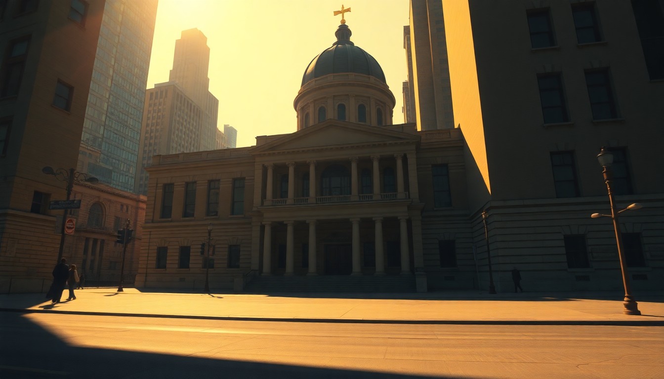 A serene, cinematic painting of the exterior of New York City Hall, with the building's iconic architecture and details rendered in warm, muted tones and dramatic shadows, conveying a sense of quiet contemplation and the solitary nature of urban governance.