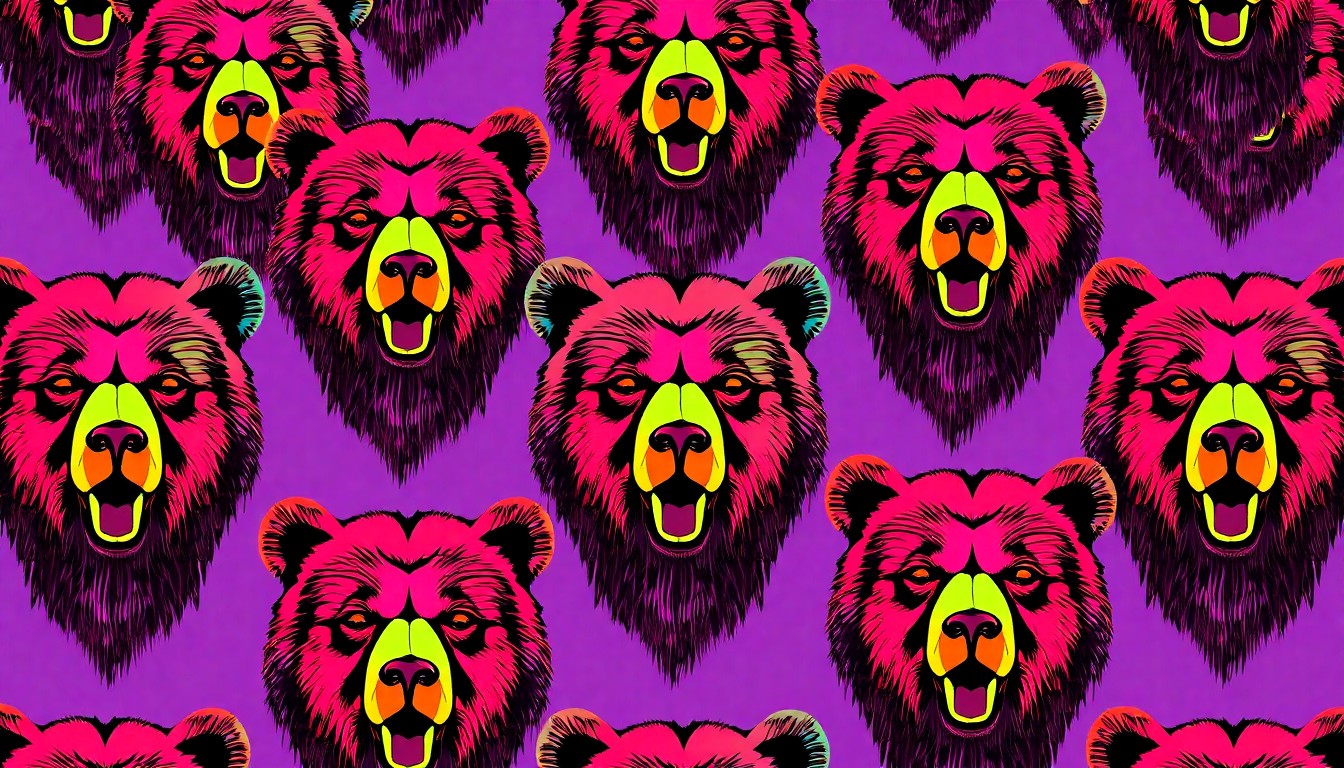 A bold, colorful silkscreen-style illustration featuring multiple repeating images of Smokey Bear's face in a grid pattern, using bright neon colors and high-contrast black outlines to capture the mascot's iconic presence in a contemporary visual style.
