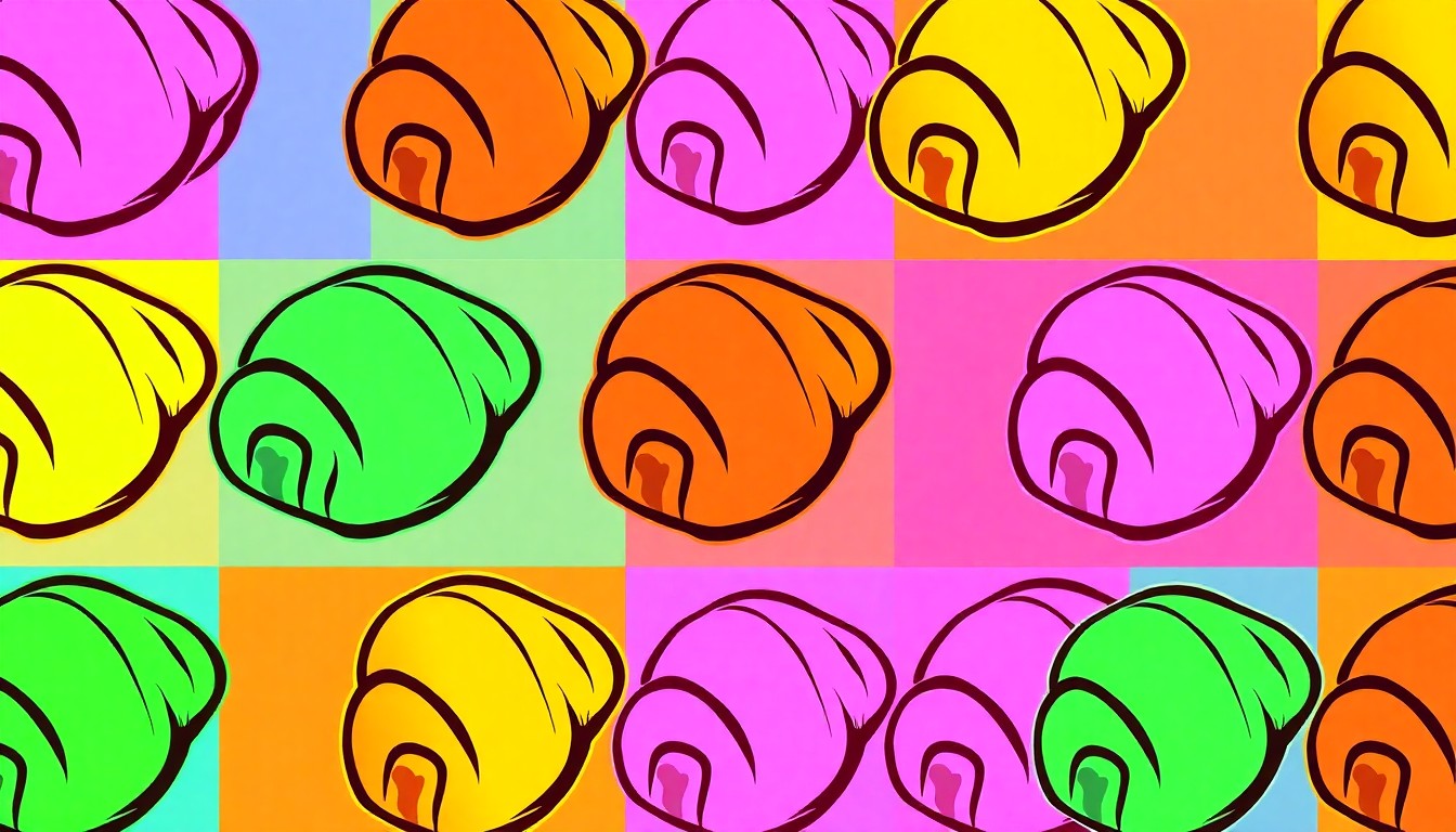 A vibrant, high-contrast silkscreen print featuring a repeated pattern of a single, iconic baked good item in a grid, using a bold neon color palette and heavy black outlines to transform the everyday into modern pop art.