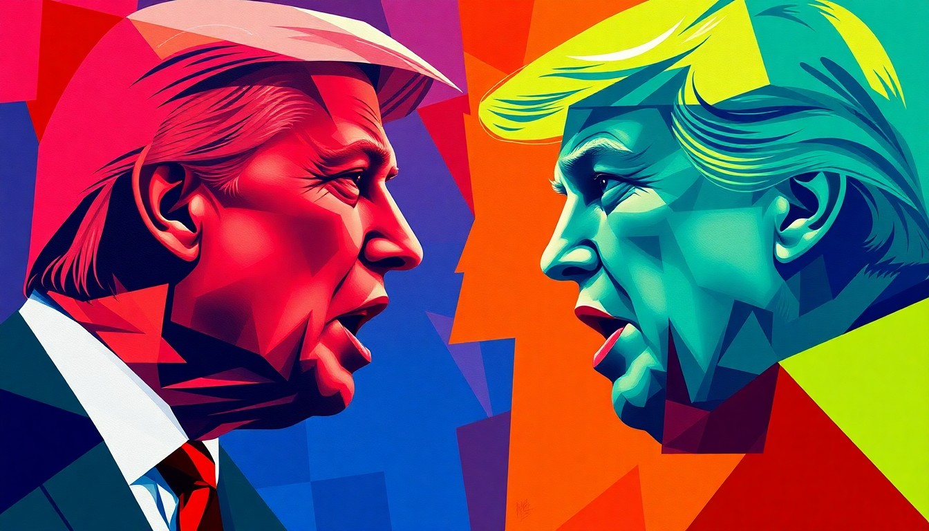 A dynamic, abstract painting featuring overlapping, fragmented shapes and figures in vibrant shades of red, blue, and green, conveying the heated political conflict between the two Republican candidates.