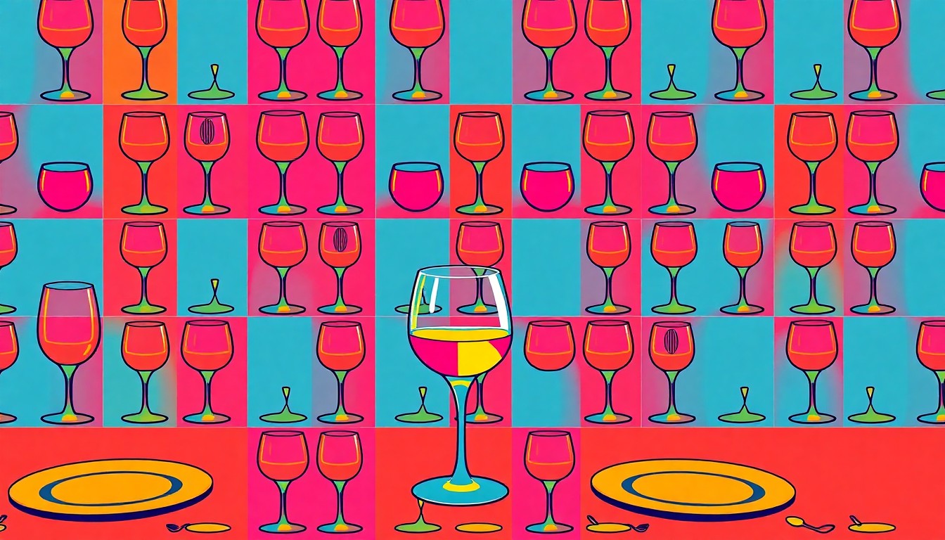 A brightly colored, high-contrast silkscreen print of a single, iconic restaurant object such as a wine glass or cocktail shaker, repeated in a tight grid pattern in the style of Andy Warhol, conceptually representing the vibrant and modern dining scene emerging in Boston's Seaport District.