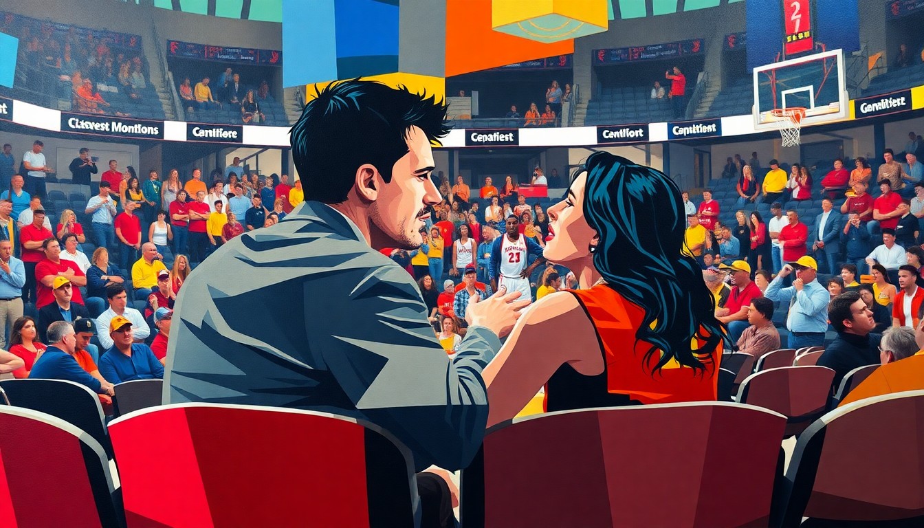 A fractured, geometric painting depicting an intense argument between a couple at a basketball game, with sharp planes of color and overlapping perspectives capturing the raw energy and emotion of the moment.