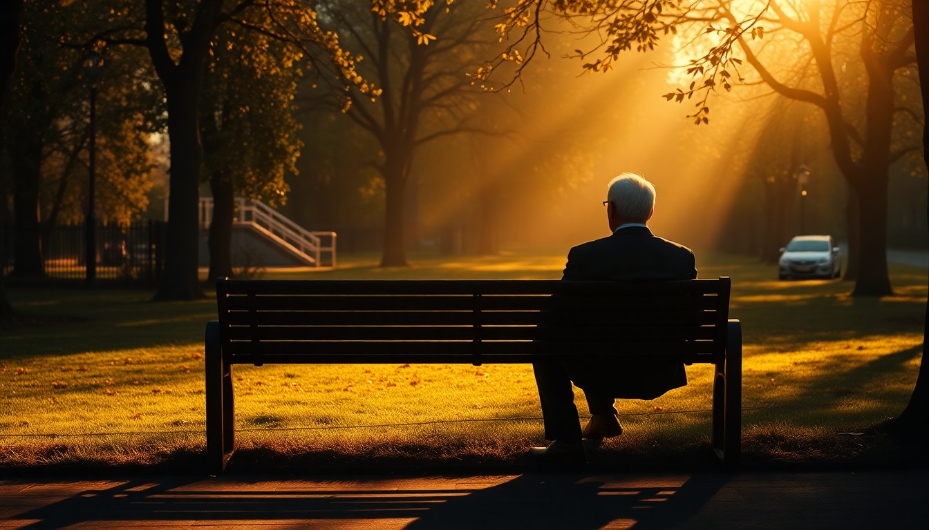 A pensive, solitary figure sitting alone on a park bench, the warm light and deep shadows creating a melancholic, cinematic mood that reflects the former leader's isolation and the weight of his controversial legacy.