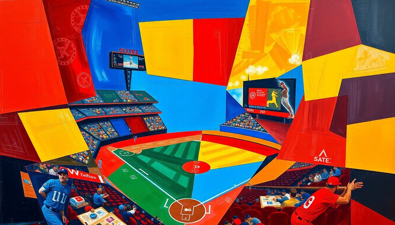 A cubist, geometric illustration depicting a baseball game broken down into overlapping planes of color, capturing the dynamic energy and scoring outburst of the Hot Rods' victory.