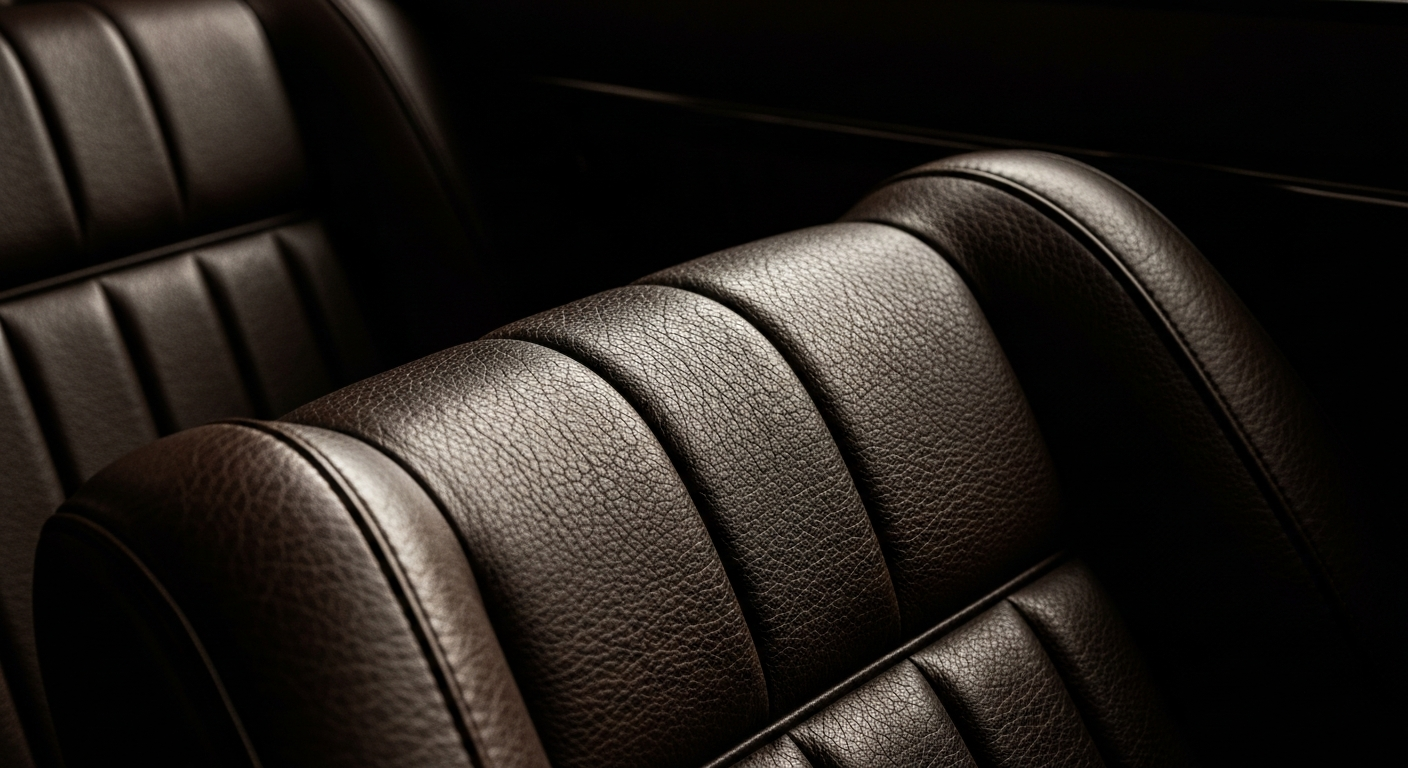 An extreme close-up photograph of the finely textured, pebbled leather interior of a vintage European sports car, dramatically lit to highlight the rich colors and patterns of the material.