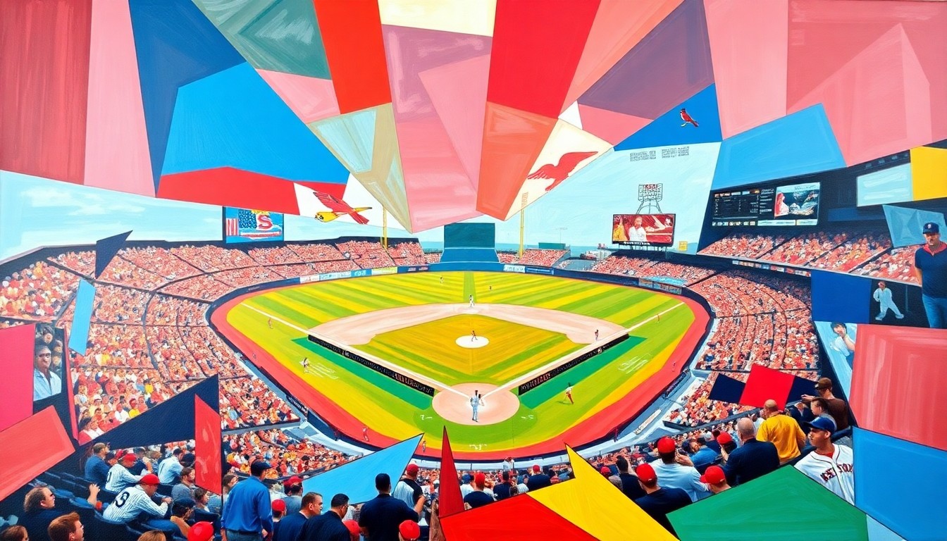 A fractured, multi-perspective painting in bold, geometric shapes and colors, capturing the energy and tension of a baseball game between two teams heading in opposite directions.