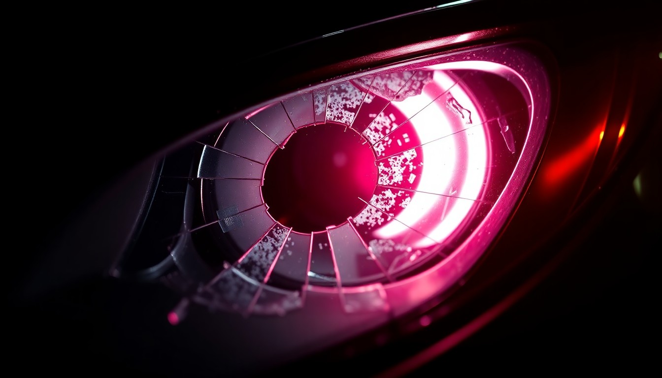 An extreme close-up of a shattered car sensor lens reflecting a faint red light, conceptually illustrating the vandalism of self-driving cars.