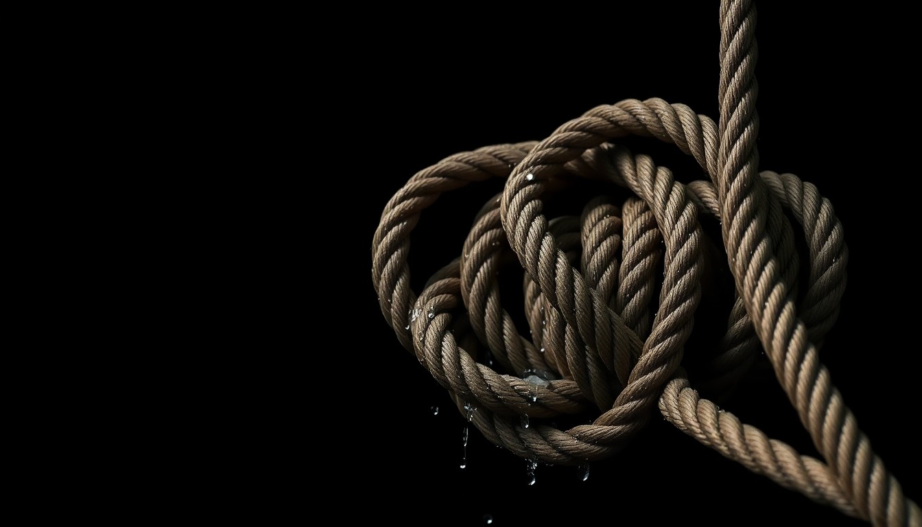 An extreme close-up photograph of a coiled, wet rescue rope against a stark black background, conveying the urgency and intensity of the water rescue operation.