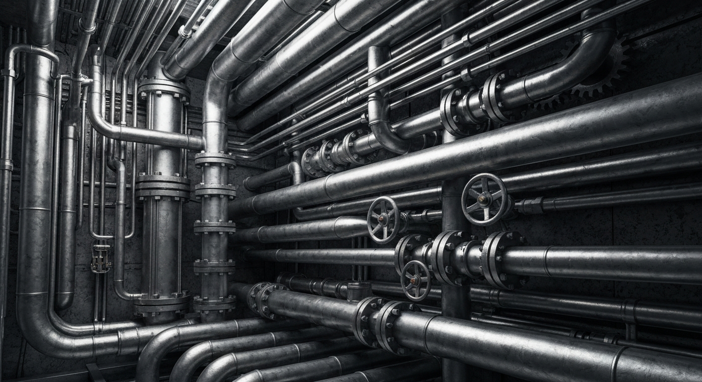 A cinematic close-up of a complex network of metal pipes, gears, and valves representing the internal infrastructure of a modern cybersecurity platform. The image is highly detailed, textured, and industrial in style, evoking a sense of the technical complexity and security backbone of cloud-based security solutions.