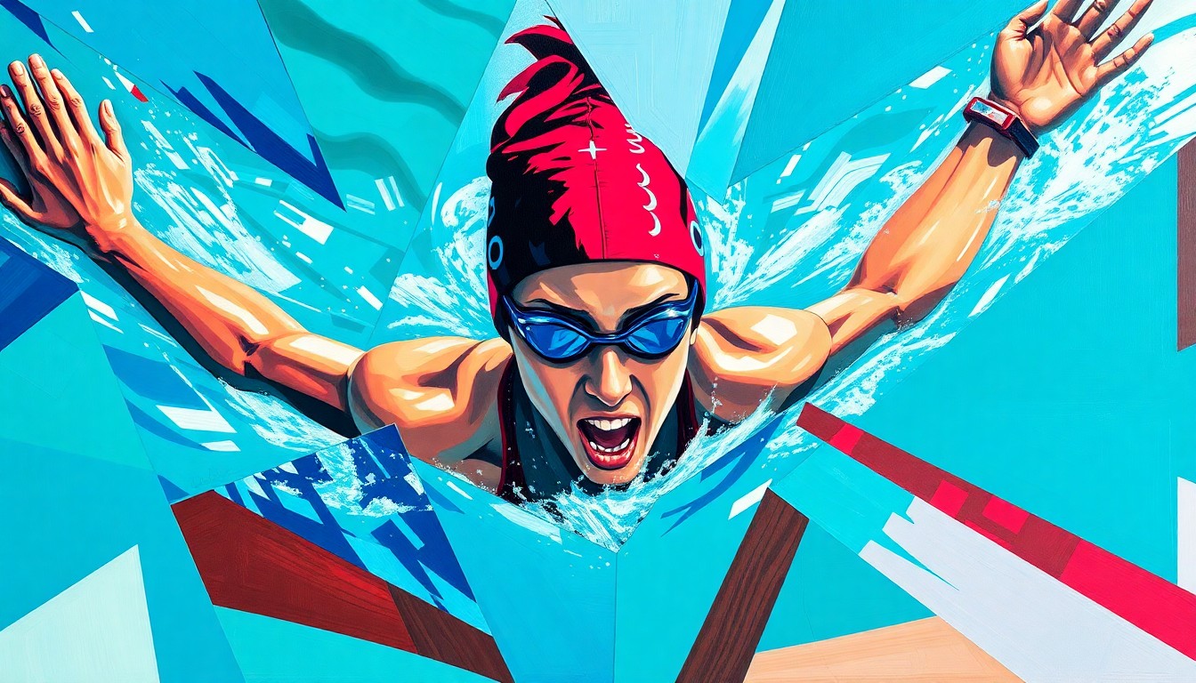 A fractured, multi-perspective painting depicting the training and competitive swimming of Irish swimmer Mona McSharry, with sharp, overlapping geometric planes in vibrant colors like teal, cobalt blue, and crimson red, conceptually representing her journey and determination.