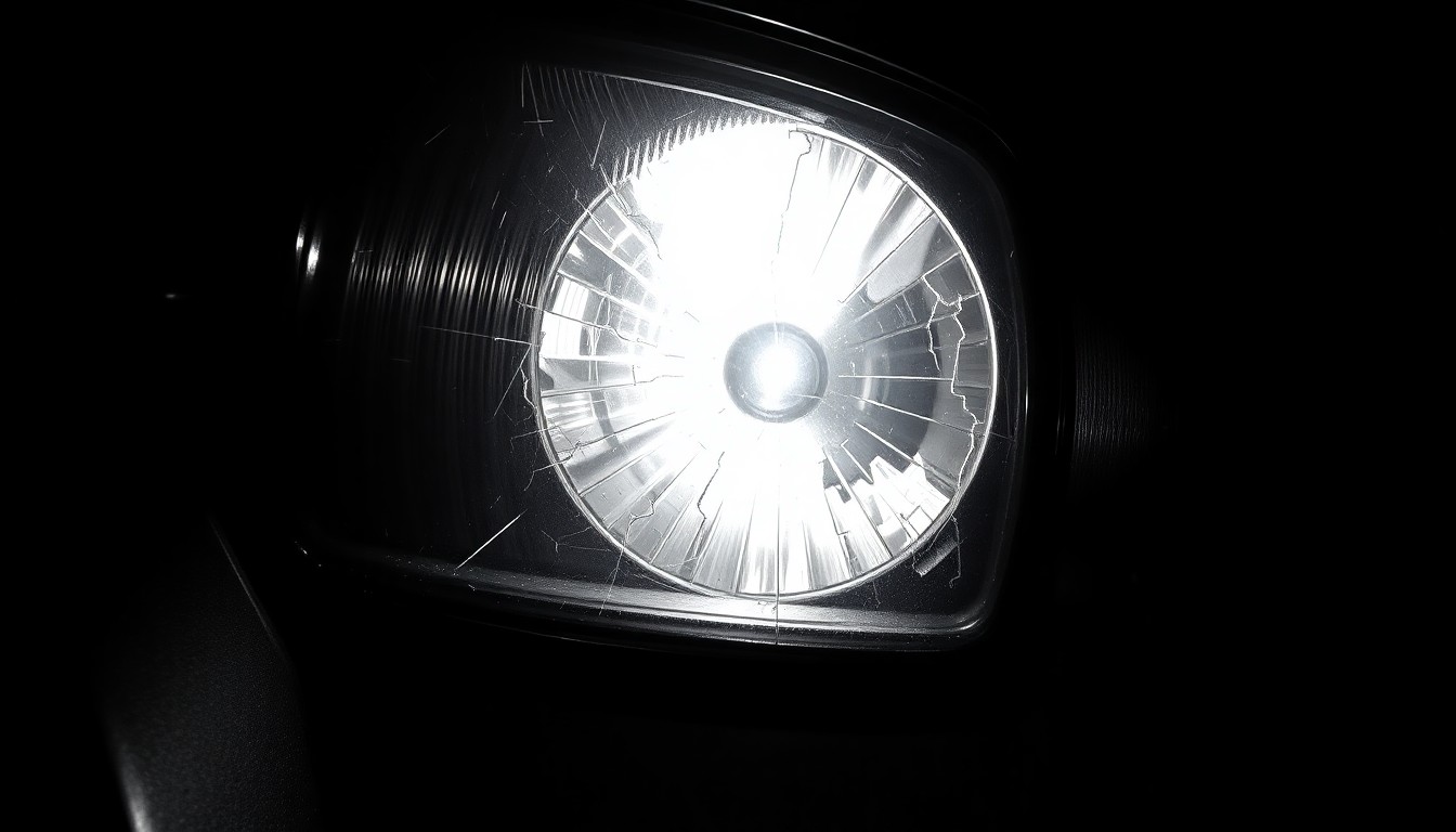 An extreme close-up photograph of a damaged car part, such as a broken side mirror or cracked headlight lens, lit by a harsh, direct camera flash against a pitch-black background, conceptually illustrating the aftermath of a collision with wildlife.
