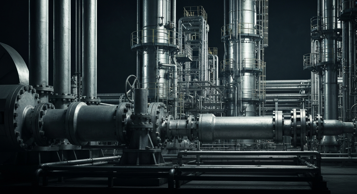 An extreme close-up of industrial oil refinery equipment and machinery, dramatically lit against a dark background, conceptually representing Exxon Mobil's financial security and operational strength.