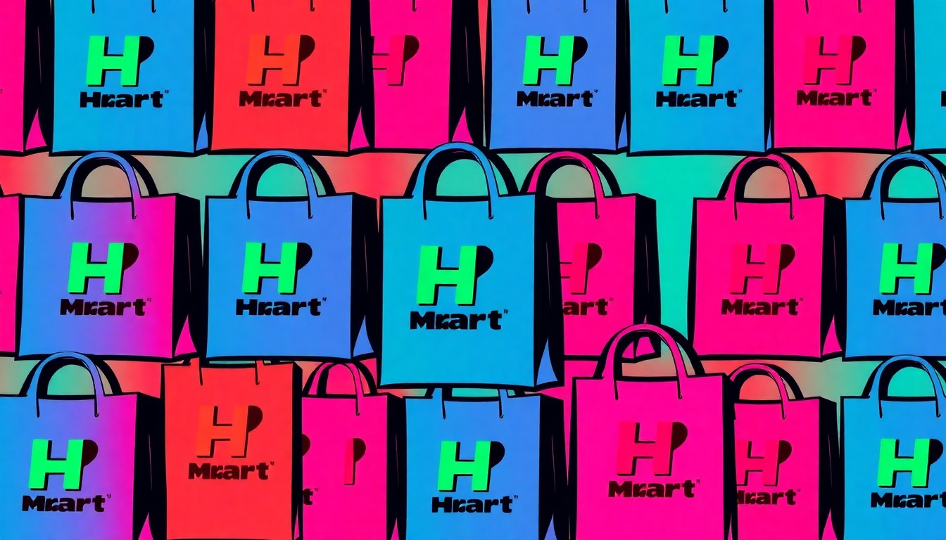 A bold, colorful silkscreen-style illustration featuring a grid of repeating H Mart shopping bags in vibrant neon hues, conceptually representing the expansion of the Asian grocery store chain across the Phoenix region.