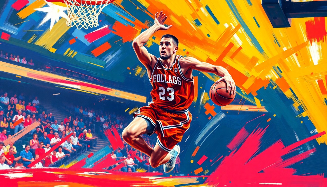 An abstract, energetic painting in neon colors depicting the fluid, fast-paced movements of a basketball player driving to the hoop, conceptually representing the exciting prospect of Jaylen Petty's potential transfer to the Minnesota Gophers.