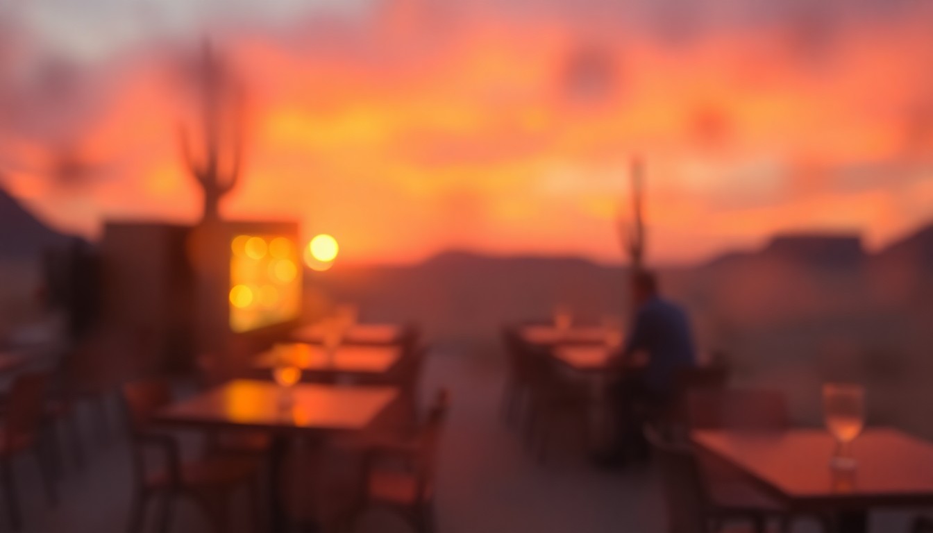 An extremely abstract, out-of-focus photograph featuring warm, hazy pools of amber, ochre, and indigo light, conceptually representing the nostalgic, dreamlike atmosphere of a remote desert bar.