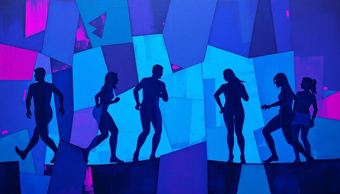 A vibrant, abstract painting in shades of blue, violet, and magenta depicting the silhouettes of people in motion, conveying the tensions and debates surrounding the proposed legalization of adult bathhouses and sex venues in Minneapolis.