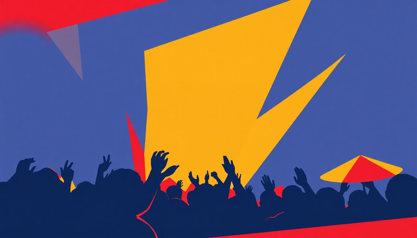 A dynamic abstract composition of geometric shapes in bright primary colors, conceptually representing the energy and festive atmosphere of a Cinco de Mayo celebration.