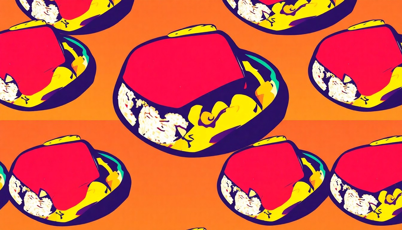 A high-contrast, silkscreen-style grid of a single, iconic poke bowl ingredient like a slice of raw tuna or a pile of bright vegetables, rendered in a vibrant, unnatural color palette that transforms the everyday food item into modern pop art.