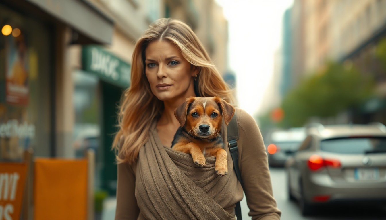 A warm, out-of-focus photograph of a woman walking down a city street, her new dog nestled in a sling against her chest, the background blurred into soft pools of amber, ochre, and sage green light, conveying a sense of comfort and intimacy.