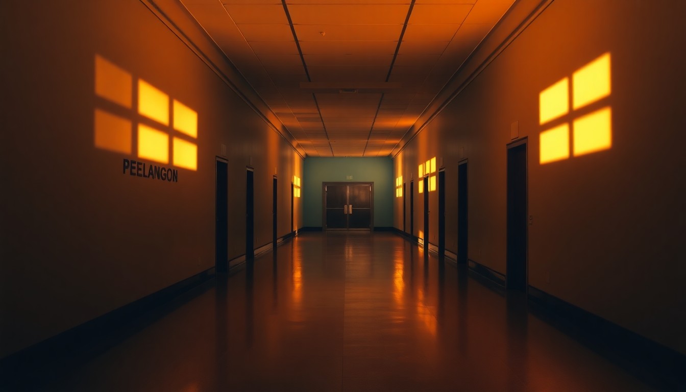 A dimly lit, empty hallway inside the Pentagon, with sunlight streaming in through windows and casting long shadows on the floor, conveying a sense of quiet contemplation and the tension between government control and press freedom.