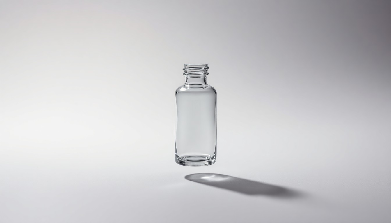 A high-end, photorealistic studio still-life photograph featuring a polished, geometric glass bottle or vial in the center of the frame, representing a pharmaceutical product, floating on a clean, monochromatic seamless background and illuminated by dramatic studio lighting.