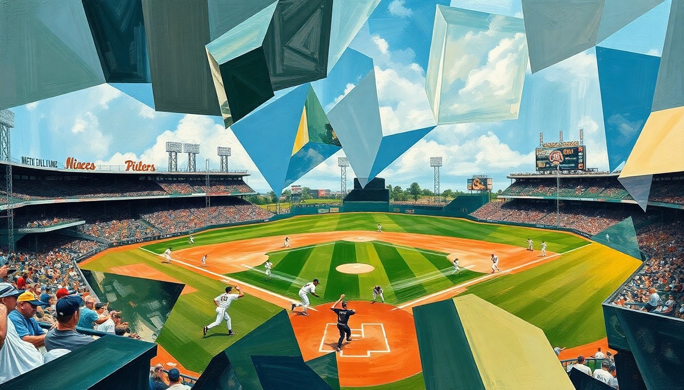 A cubist-style painting depicting a baseball game or match, with the players and field reduced to abstract geometric shapes and angles, capturing the dynamic energy of the sport.